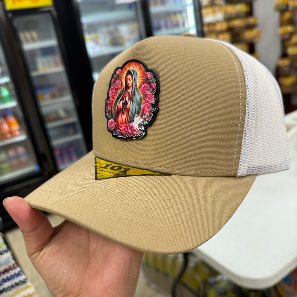 Tan and White Trucker Hat with Virgin Mary Patch